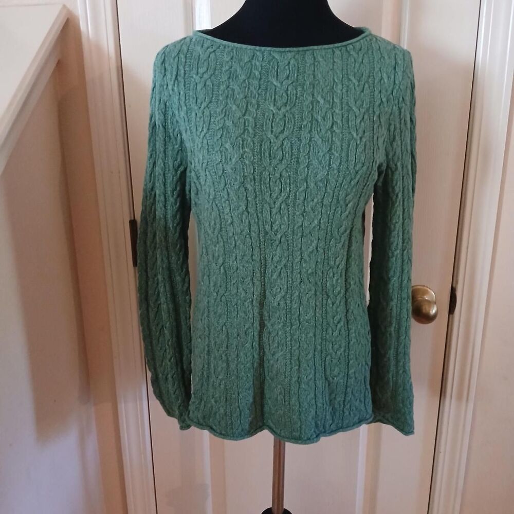 Lauren Ralph Lauren Green 100% Cotton Cable Knit Boatneck Sweater Preppy Classic